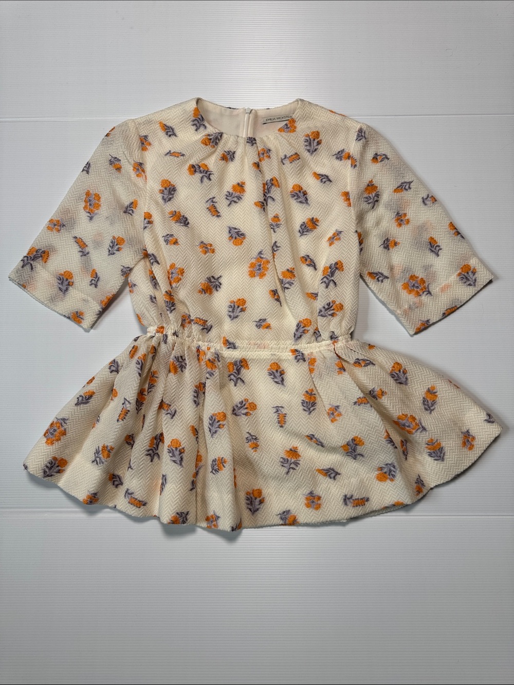 EMILIA WICKSTEAD Cream Textured Floral Peplum Blouse Orange Purple Preppy 2
